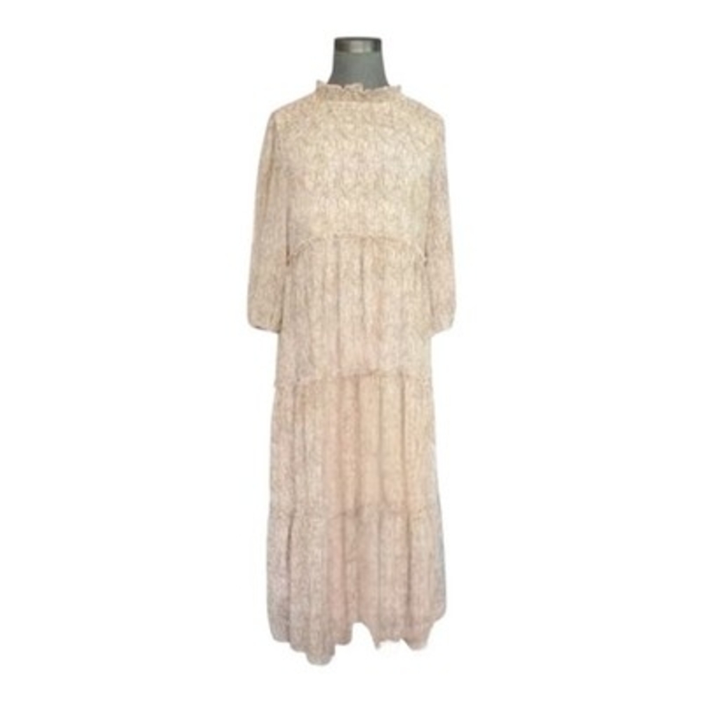 Polagram Women's Beige Smocked Tiered Midi Dress M Mock Neck 3/4 Sleeve Boho VG - Picture 3 of 5